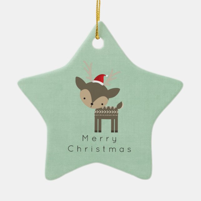 Ornamento De Cerâmica Veado De Natal Em Um Hipster Vermelho De Chapéu Do (Frente)