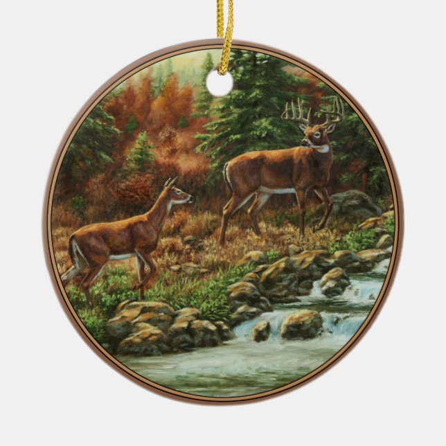 Ornamento De Cerâmica Veado-de-Whitetail e Waterfall (Frente)