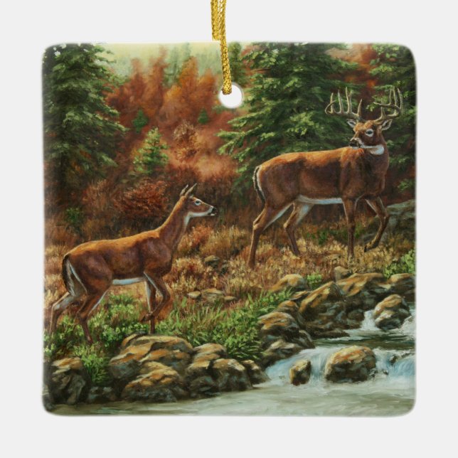Ornamento De Cerâmica Veado-de-Whitetail e Waterfall (Frente)