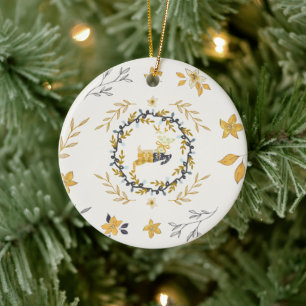 Ornamento De Cerâmica Veado Floral Creme Amarelo Natal