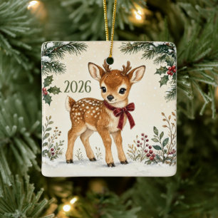 Ornamento De Cerâmica Veado Florestal Bebê no Primeiro Natal Personaliza