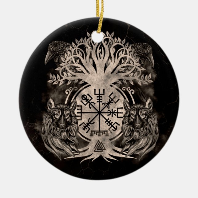 Ornamento De Cerâmica Vegvisir - Yggdrasil Com Ravens E Lobos (Frente)