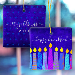 Ornamento De Cerâmica Velas de Hanukkah Menorah em Blue Keepsaokit Perso