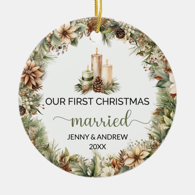 Ornamento De Cerâmica Velas de Natal bege, verde pastel e bege (Frente)