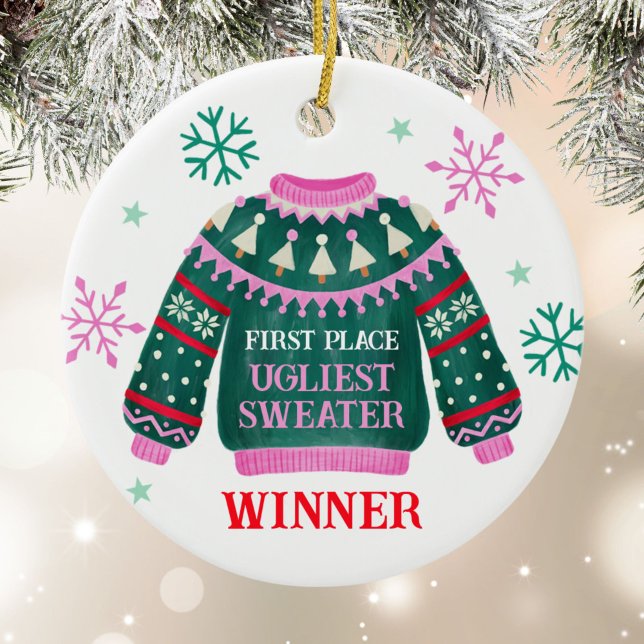 Ornamento De Cerâmica Vencedor do Concurso de ruas do Partido da Sweater (Ugly Sweater Party 1st Place Contest Winner Ceramic Ornament)