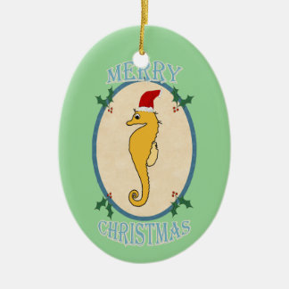 Ornamento De Cerâmica Verde azul do Natal bonito do cavalo marinho do