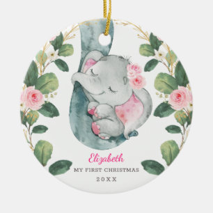 Ornamento De Cerâmica Verde-Flor Rosa Elefante Bebê 1rua Natal