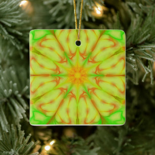 Ornamento De Cerâmica Verde limão - Flor Fractal Mandala Amarelo