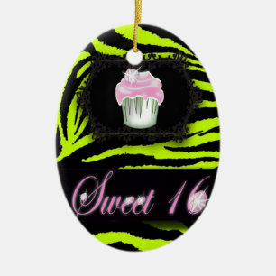 Ornamento De Cerâmica Verde limão zebra impressão rosa Cupcake cor-de-ro