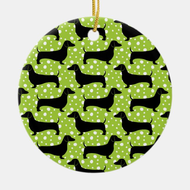Ornamento De Cerâmica Verde Polka Dachshances (Frente)