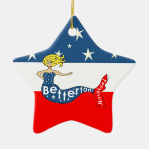Ornamento De Cerâmica Vermelho, branco & estrelas da sereia de Betterton
