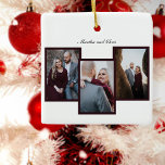 Ornamento De Cerâmica Vermelho de Colagem de Fotos do Script 3 Envolvido<br><div class="desc">Elegante Enfeites de natal de colagem de 3 fotos de Ano Novo. Apresenta quadros vermelhos para fotos. Projetado para casais recém-engajados ou casais casados,  mas também pode ser usado por famílias.</div>