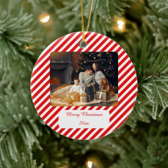 Ornamento De Cerâmica Vermelho e Branco modernos listrados (Criador carregado)