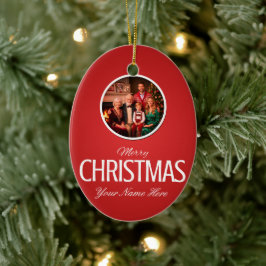 Ornamento De Cerâmica Vermelho e Branco Personalizável com Imagem ou Nom