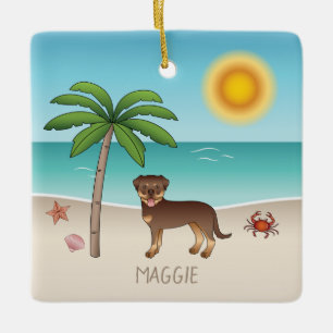 Ornamento De Cerâmica Vermelho E Tan Rottweiler Em Uma Praia Tropical De