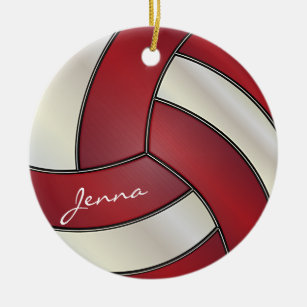 Ornamento De Cerâmica Vermelho Escuro e Branco Personalizam Voleibol