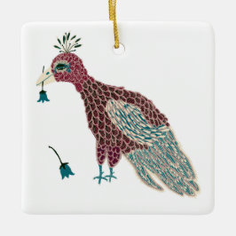 Ornamento De Cerâmica Vermelho-pássaro com flores azuis