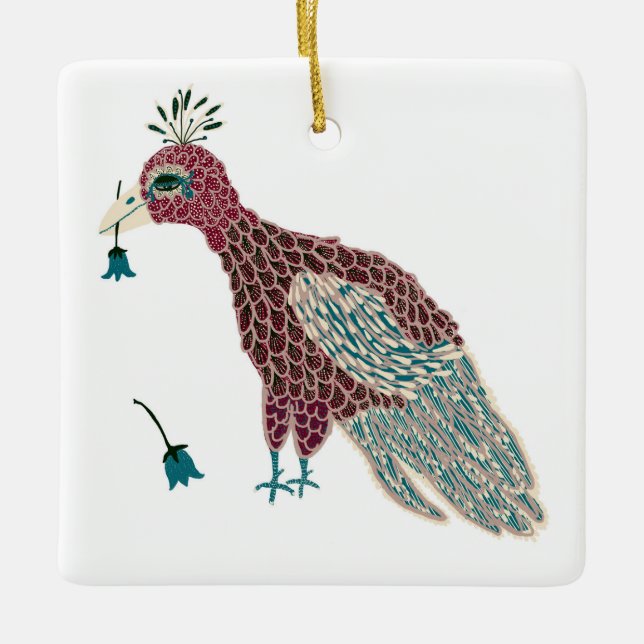Ornamento De Cerâmica Vermelho-pássaro com flores azuis (Frente)