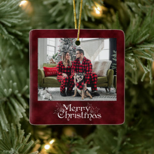 Ornamento De Cerâmica Vermelho Veludo Natal Feliz Duas Fotos Vintage