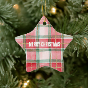 Ornamento De Cerâmica Vermelho Verde Dourado Xadrez Listras Natal