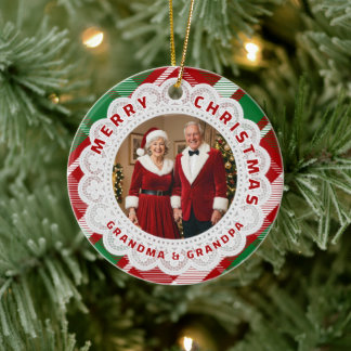 Ornamento De Cerâmica Vermelho Verde Tartan Renda Natal Avós Foto