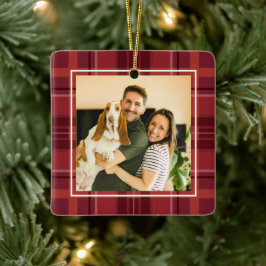 Ornamento De Cerâmica Vermelho xadrez de Natal uma foto personalizada de
