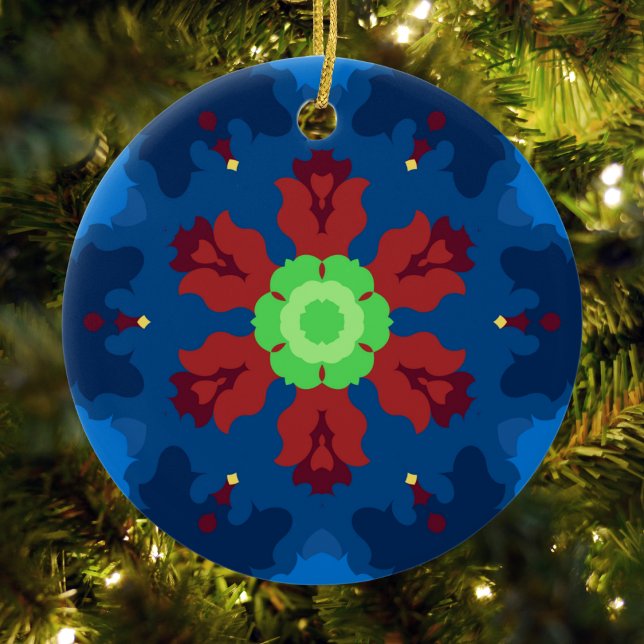 Ornamento De Cerâmica Vermelhos Vermelhos e Vermelhos (Blue Red and Green Retro Mandala Ornament by Wormhole Orbital)
