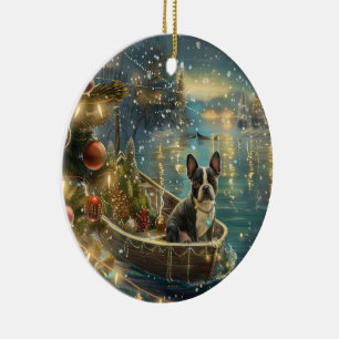 Ornamento De Cerâmica Viagem Festiva de Natal do Boston Terrier