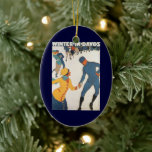 Ornamento De Cerâmica Viagens vintage, Art Deco, Suiça de Winter Davos<br><div class="desc">Anúncio de ilustração de safra,  etiqueta europeia de poster de viagens ou bagagem de Davos,  Suiça com design esportivo de amor e romance com patinação de gelo casal. Inverno em Davos.</div>