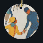 Ornamento De Cerâmica Viagens vintage, Art Deco, Suiça de Winter Davos<br><div class="desc">Anúncio de ilustração de safra,  etiqueta europeia de poster de viagens ou bagagem de Davos,  Suiça com design esportivo de amor e romance com patinação de gelo casal. Inverno em Davos.</div>