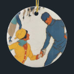 Ornamento De Cerâmica Viagens vintage, Art Deco, Suiça de Winter Davos<br><div class="desc">Anúncio de ilustração de safra,  etiqueta europeia de poster de viagens ou bagagem de Davos,  Suiça com design esportivo de amor e romance com patinação de gelo casal. Inverno em Davos.</div>