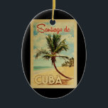 Ornamento De Cerâmica Viagens vintage de Árvore Palm de Santiago de Cuba<br><div class="desc">Um impressão de arte,  moderno do século médio,  Santiago de Cuba,  no estilo da poster viagens vintage. Ele apresenta uma palmeira curva na praia arenosa com oceano sob um céu azul nublado.</div>