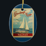 Ornamento De Cerâmica Viagens vintage de veleiro por encomenda do Halifa<br><div class="desc">Esta saudação de Halifax Canada viagens vintage náutica apresenta um barco navegando na água com gaivotas e um céu azul cheio de lindas nuvens brancas puffy.</div>