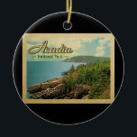 Ornamento De Cerâmica Viagens vintage do Parque Nacional Acadia<br><div class="desc">Imagem do Parque Nacional Acadia,  estilo viagens vintage,  com uma bela vista costeira,  com água azul,  árvores e um céu nublado.</div>
