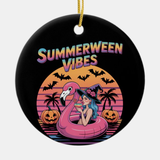 Ornamento De Cerâmica Vibrações de Summerween Bruxa Flamingo (Frente)