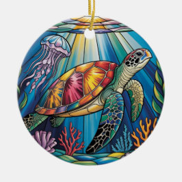 Ornamento De Cerâmica Vibrant Stained Glass Sea Turtle Ocean Design