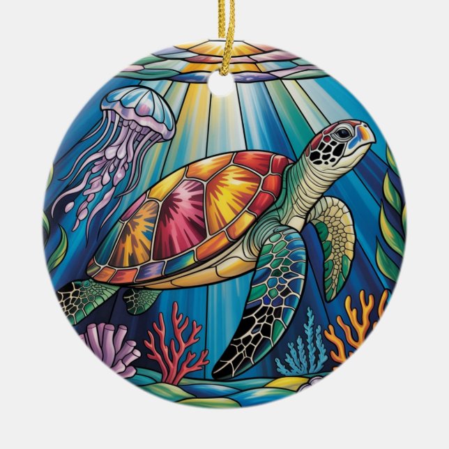 Ornamento De Cerâmica Vibrant Stained Glass Sea Turtle Ocean Design (Frente)