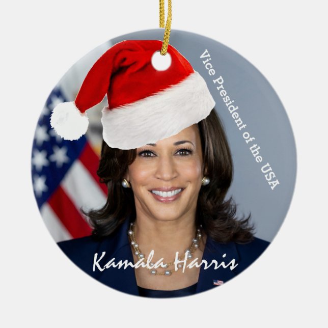 Ornamento De Cerâmica Vice-Presidente Kamala Harris em Santa Hat (Frente)