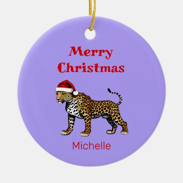 Ornamento De Cerâmica Vida selvagem Safari Animal Leopardo Santa Hat Nat (Frente)