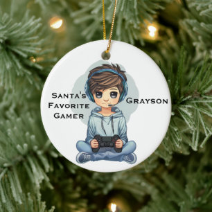 Ornamento De Cerâmica Videogamer Favorito do Papai Noel Personalizado