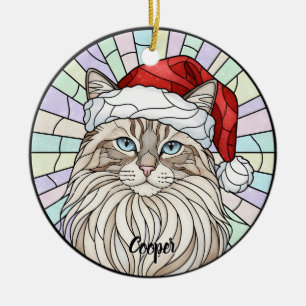 Ornamento De Cerâmica Vidro Aragdolado Personalizado do Cat Santa Hat