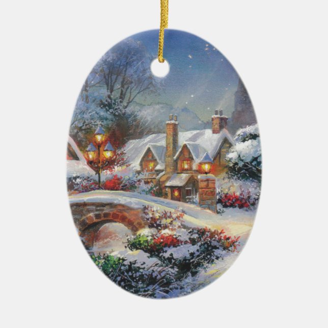 Ornamento De Cerâmica Vila Vintage de inverno (Frente)