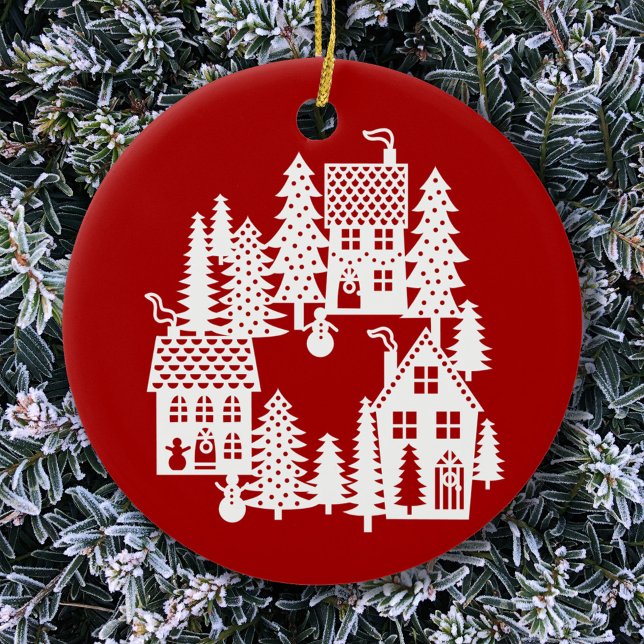 Ornamento De Cerâmica Village Red and White (Red and white Christmas Village ceramic ornament)