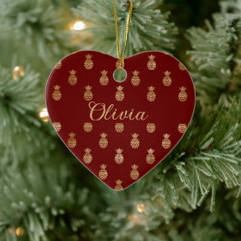 Ornamento De Cerâmica Vinho Elegante e Ananás Dourados Personalizados