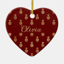Ornamento De Cerâmica Vinho Elegante e Ananás Dourados Personalizados
