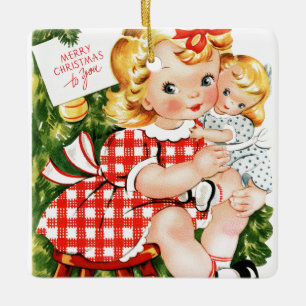 Ornamento De Cerâmica Vintage 1950 garota com boneca