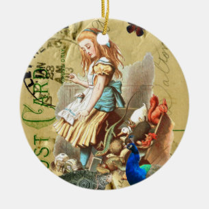 Ornamento De Cerâmica Vintage Alice na colagem do país das maravilhas