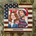 Ornamento De Cerâmica Vintage American Flag Custom 2 Photo Patriotic<br><div class="desc">Vintage American Flag Enfeites de natal. Este enfeites de natal patriótico de bandeira dos eua será um tesouro. O pedido é de dois lados, você pode fazer duas fotos favoritas, uma em cada lado. Perfeito para militares, Enfeites de natal de soldados, veteranos militares, família patriótica. Personalize o nome na frente...</div>