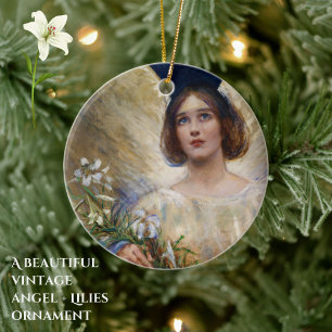 Ornamento De Cerâmica Vintage Angel e White Lily Art