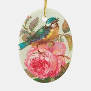 Ornamento De Cerâmica Vintage Art Bird e Rosa